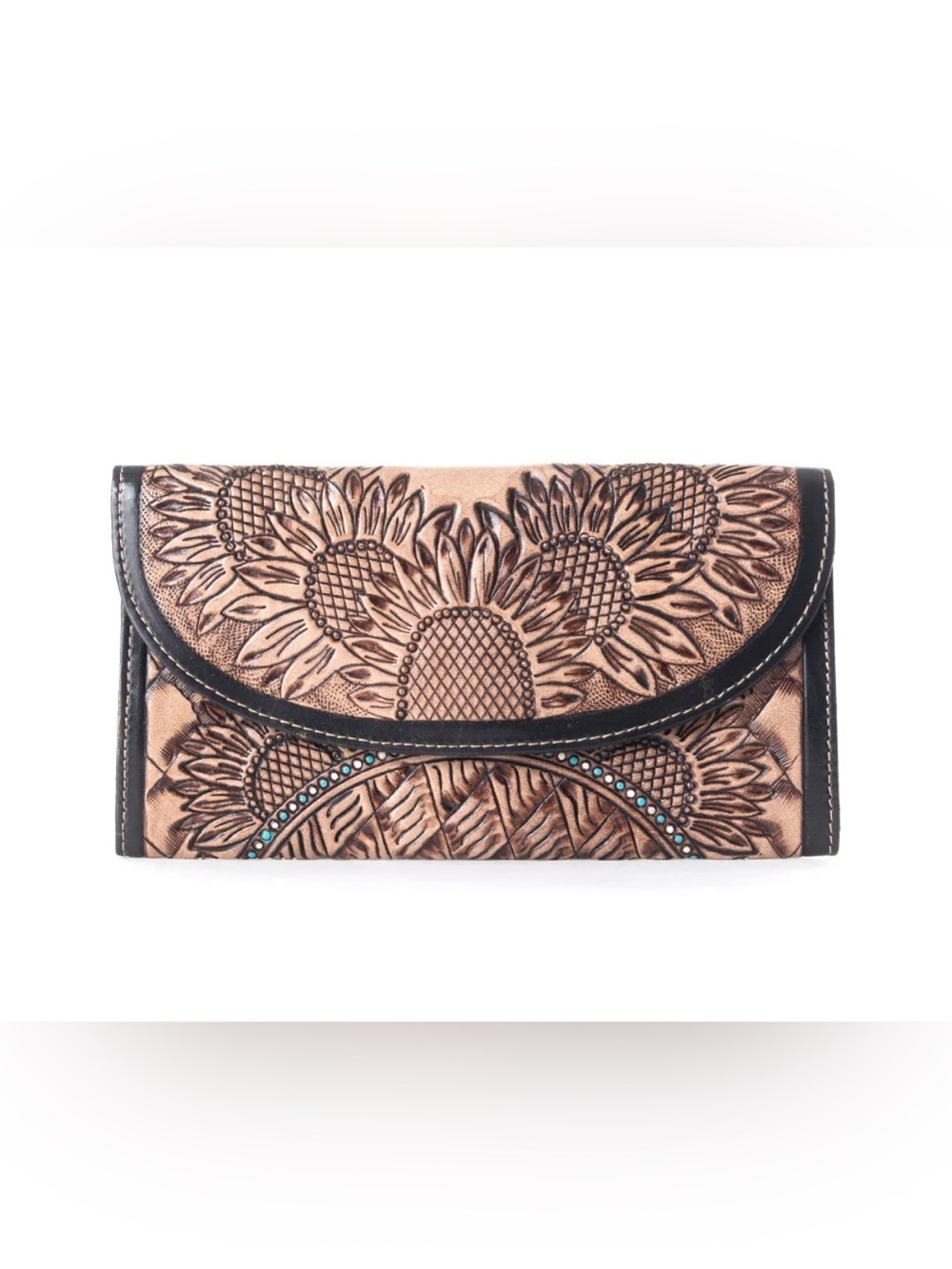 Western Wallet Sunflower Tooled Leather Clutch Wallet